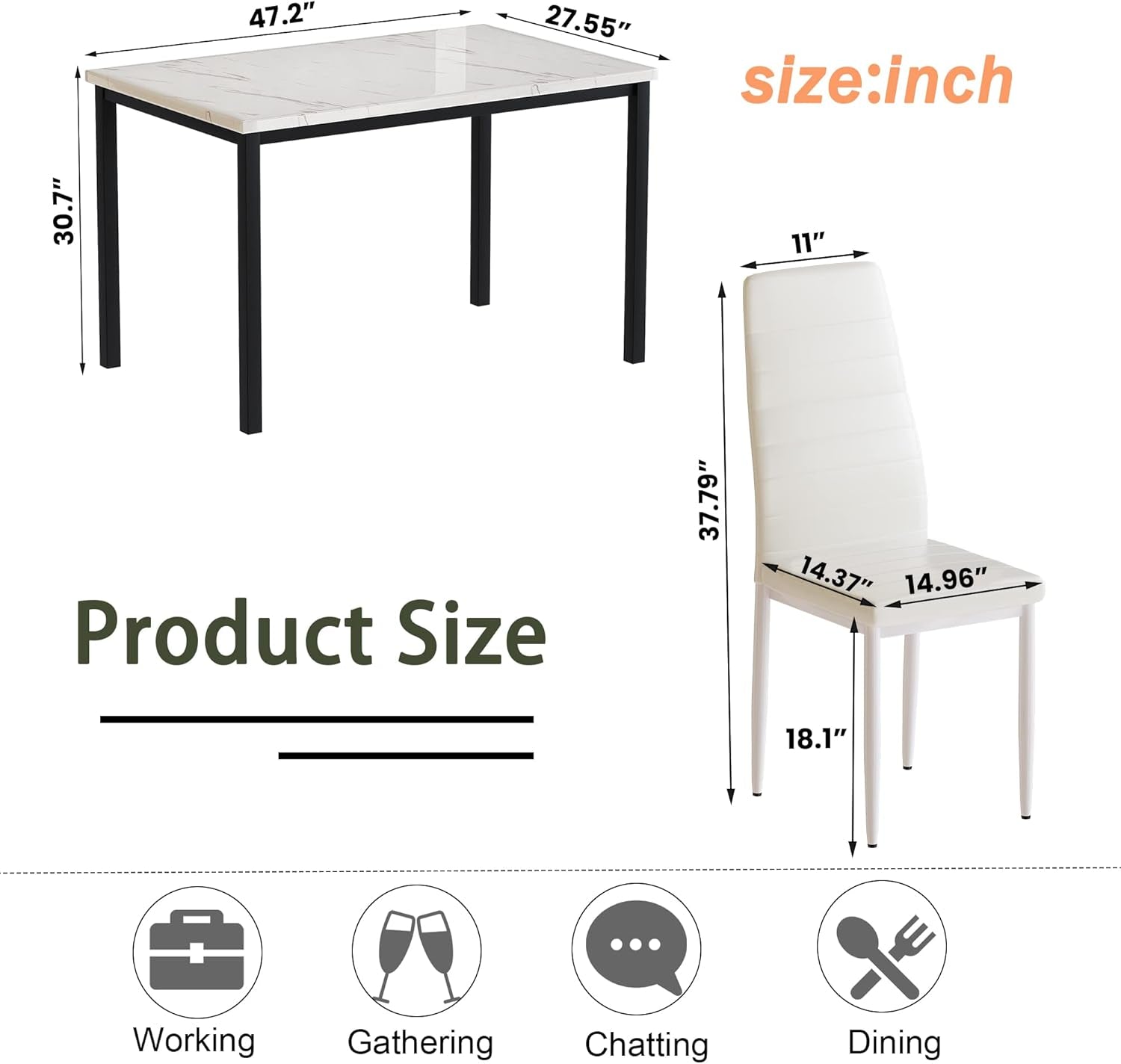 5-Piece Dining Table Set with Faux Marble Top and Faux Leather Upholstered Chairs, Ideal for Kitchen, Breakfast Nook, and Dining Room, White and Beige, 47.25" L x 27.56" W x 30.1" H