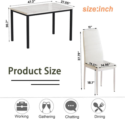 5-Piece Dining Table Set with Faux Marble Top and Faux Leather Upholstered Chairs, Ideal for Kitchen, Breakfast Nook, and Dining Room, White and Beige, 47.25" L x 27.56" W x 30.1" H