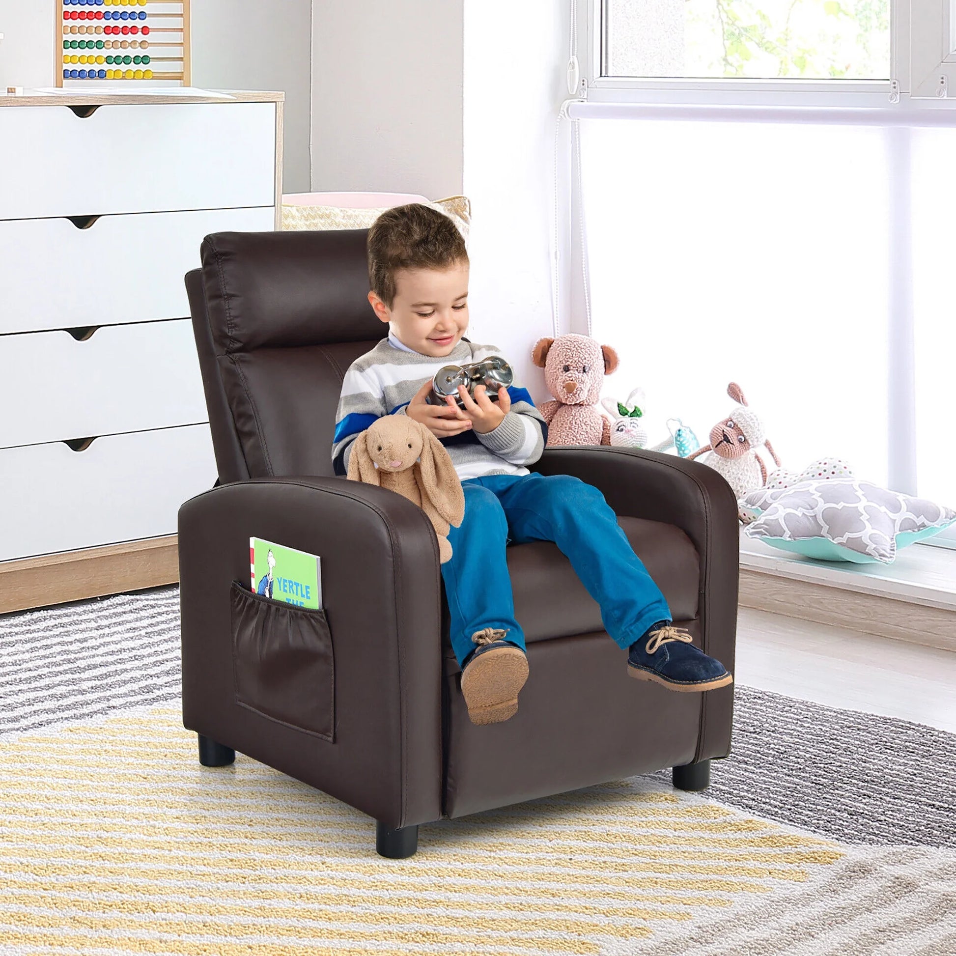 Kids Leather Recliner Chair with Footrest & Side Pocket – Brown