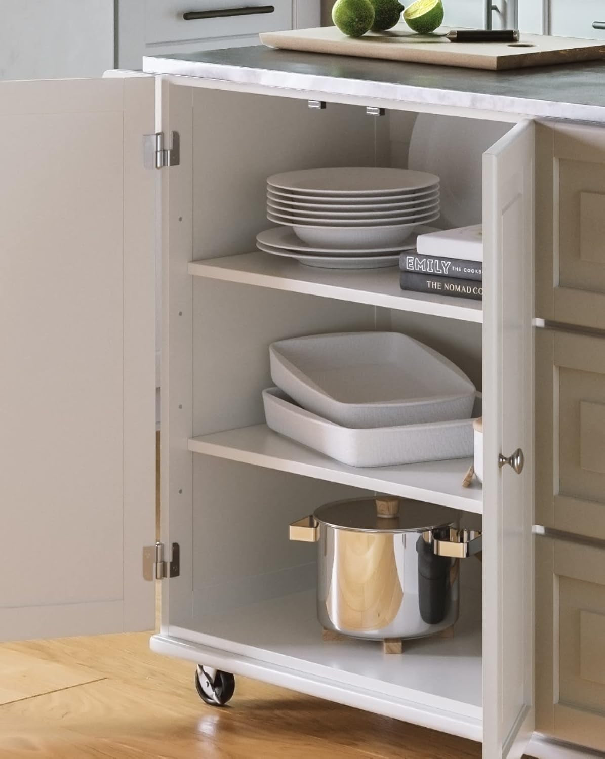 Dolly Madison 54-Inch Rolling Mobile Kitchen Island with Storage and Towel Rack in Off White