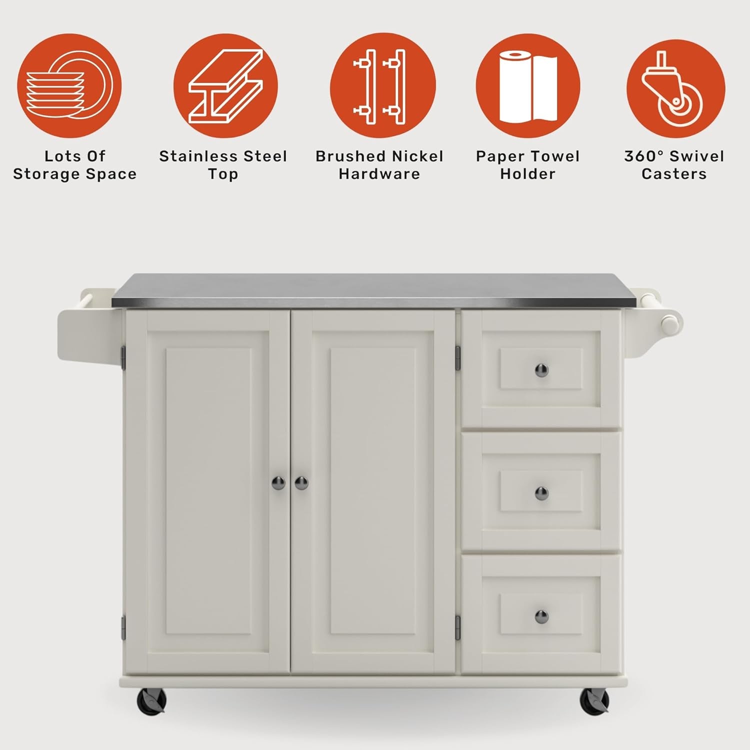 Dolly Madison 54-Inch Rolling Mobile Kitchen Island with Storage and Towel Rack in Off White