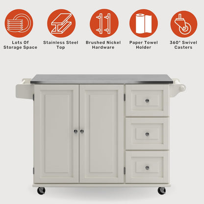 Dolly Madison 54-Inch Rolling Mobile Kitchen Island with Storage and Towel Rack in Off White