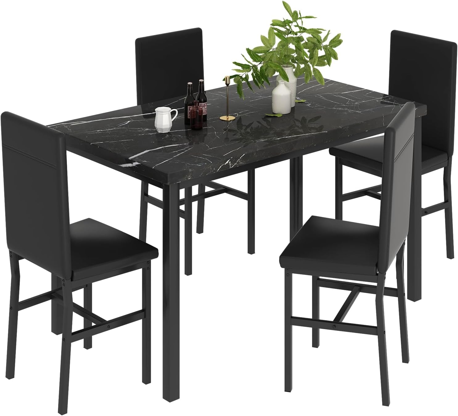 5-Piece Dining Table Set with Faux Marble Top and Faux Leather Upholstered Chairs, Ideal for Kitchen, Breakfast Nook, and Dining Room, White and Beige, 47.25" L x 27.56" W x 30.1" H