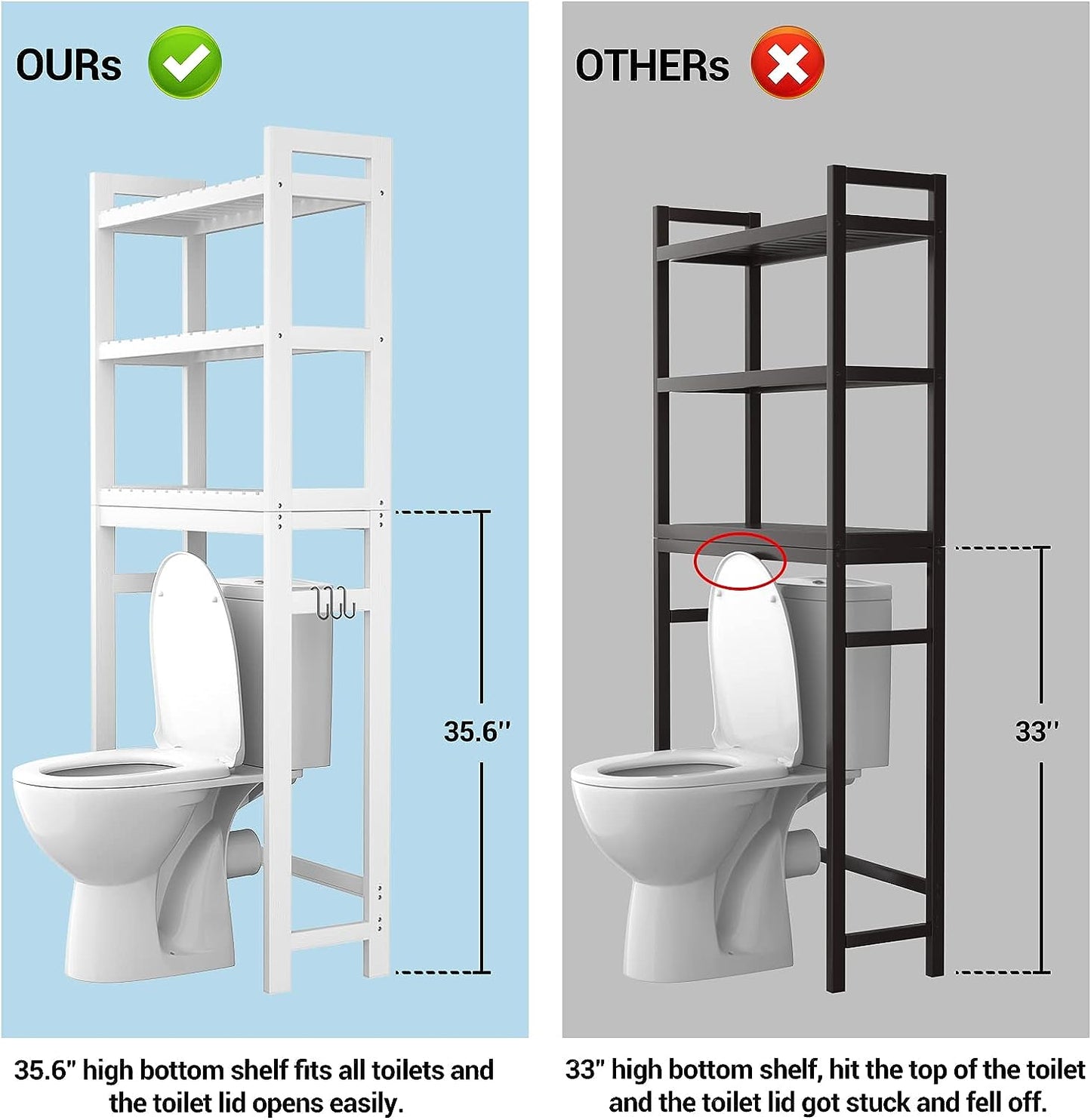 Bamboo 3-Tier Over-Toilet Organizer with Hooks – Freestanding Bathroom & Laundry Storage, White
