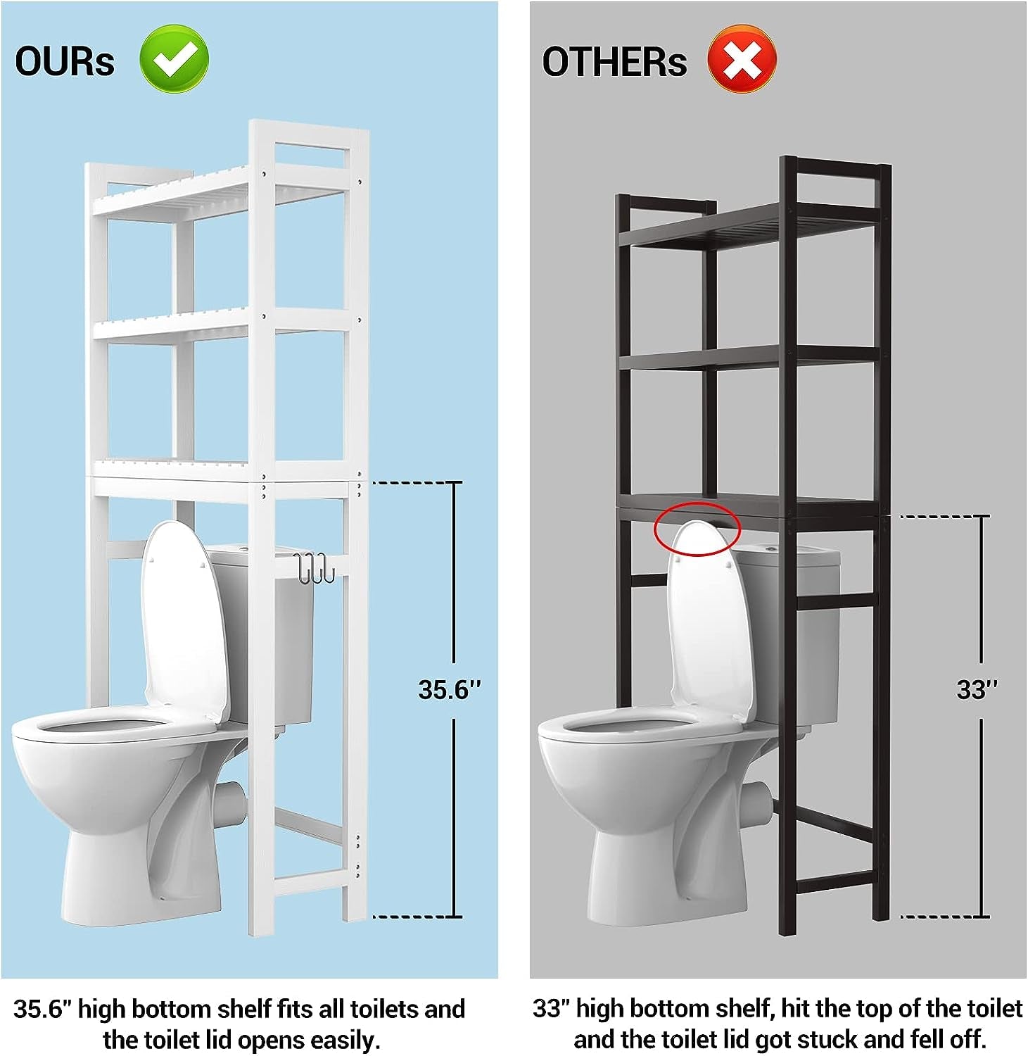 Bamboo 3-Tier Over-Toilet Organizer with Hooks – Freestanding Bathroom & Laundry Storage, White
