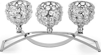 Elegant Silver Crystal 3-Arm Candle Holders - Unique Bling Tea Light Centerpiece