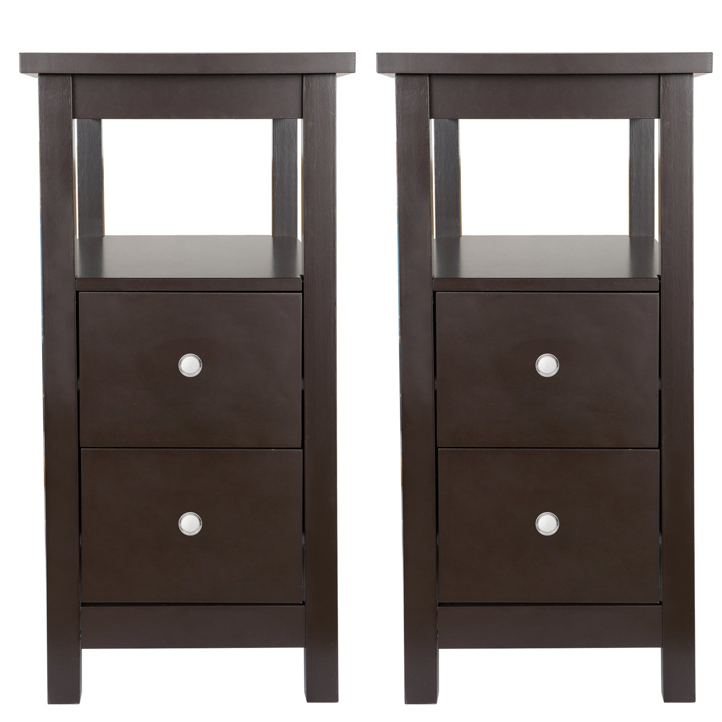Set of 2 Narrow End Table W/2 Drawers Open Shelf Sofa Side Table for Living Room