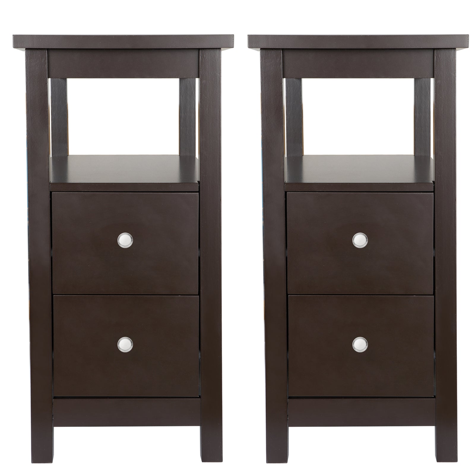 Set of 2 Narrow End Table W/2 Drawers Open Shelf Sofa Side Table for Living Room