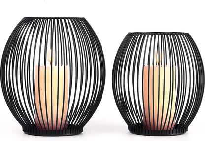 Outdoor Decorative Candle Holder Set - Black Wire Hurricane Holders for Pillar Candles - Elegant Centerpiece Accents