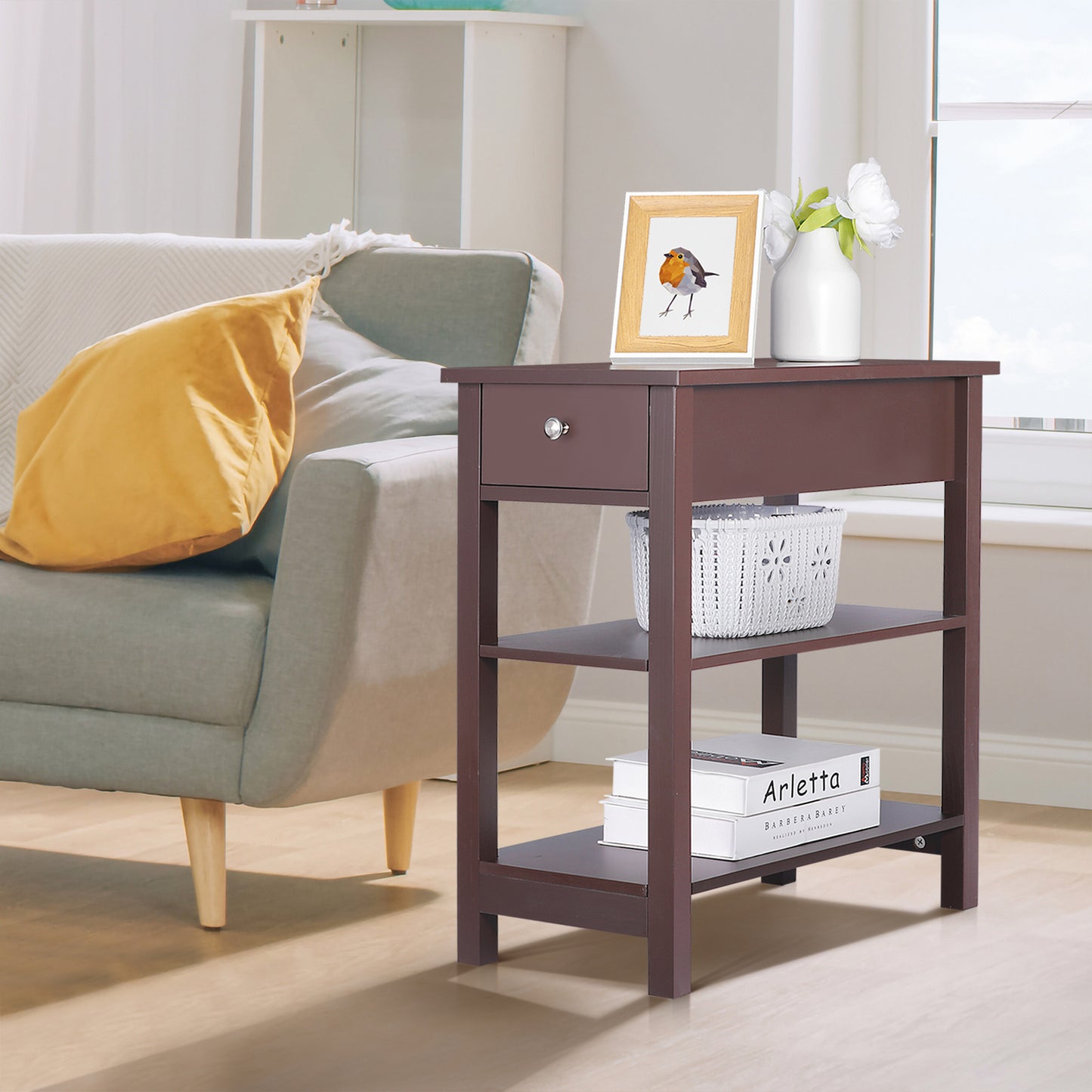 Open End Table Narrow Side Table Slim End Table for Living Room Bedroom Brown