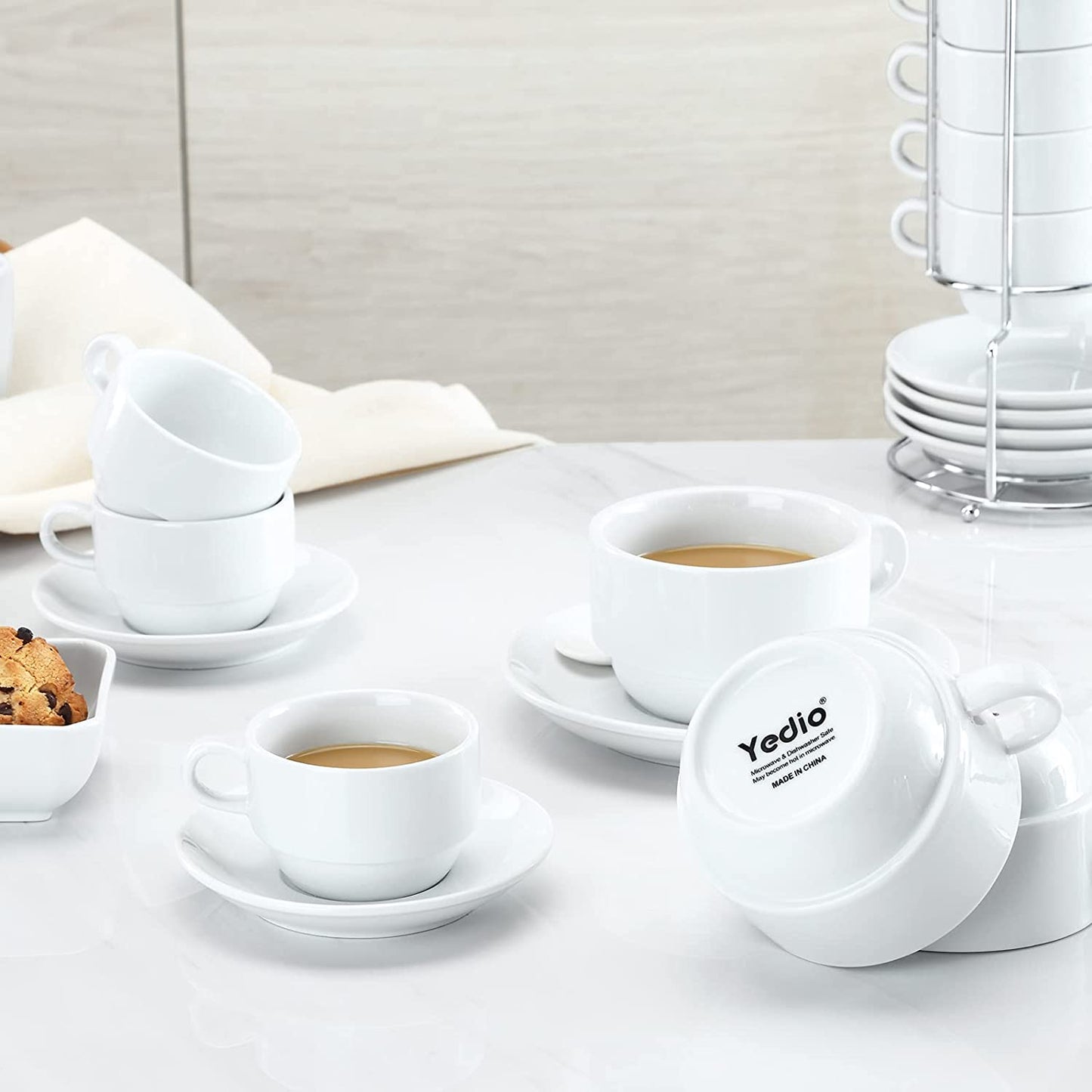 Porcelain 8 Oz Coffee Cups with Saucers and Metal Stand - Stackable Design