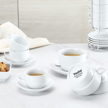 Porcelain 8 Oz Coffee Cups with Saucers and Metal Stand - Stackable Design