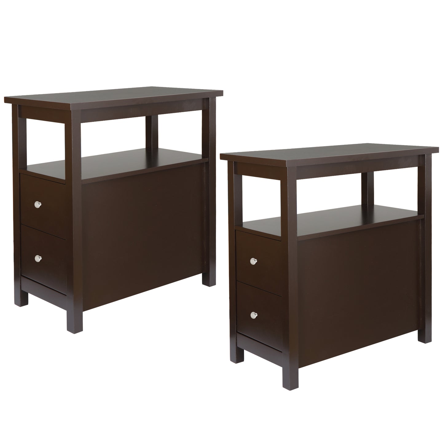 Set of 2 Narrow End Table W/2 Drawers Open Shelf Sofa Side Table for Living Room