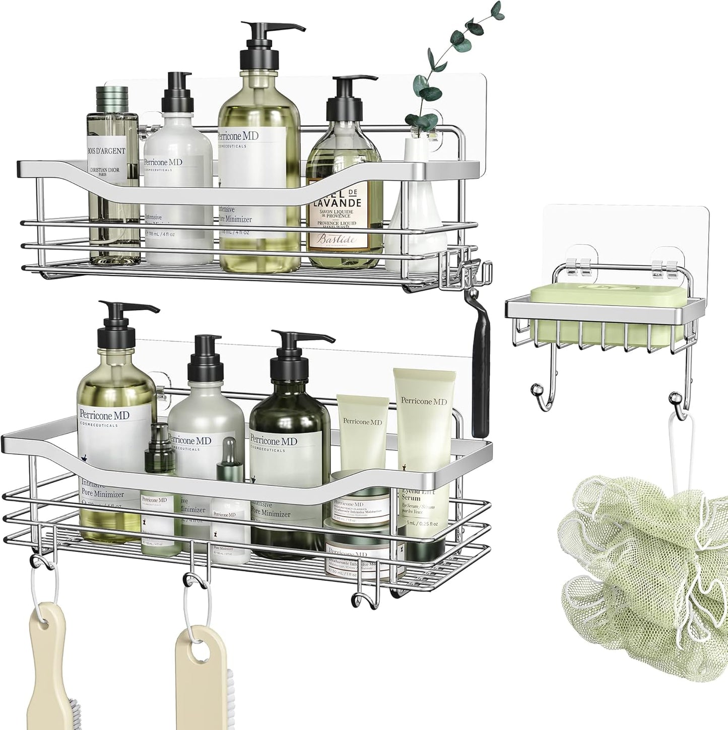 3-Pack Shower Caddy Set – Wall-Mounted Rustproof Stainless Steel Organizer with Soap Dish & 5 Hooks, No Drilling Needed