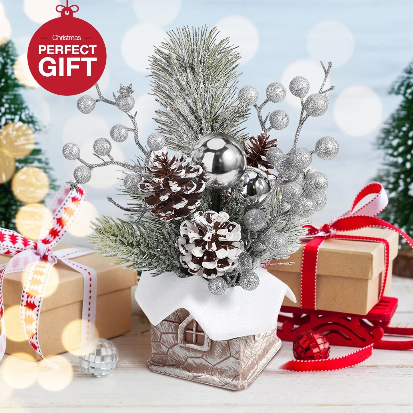 Miniature Silver Christmas Tree with Ornaments 