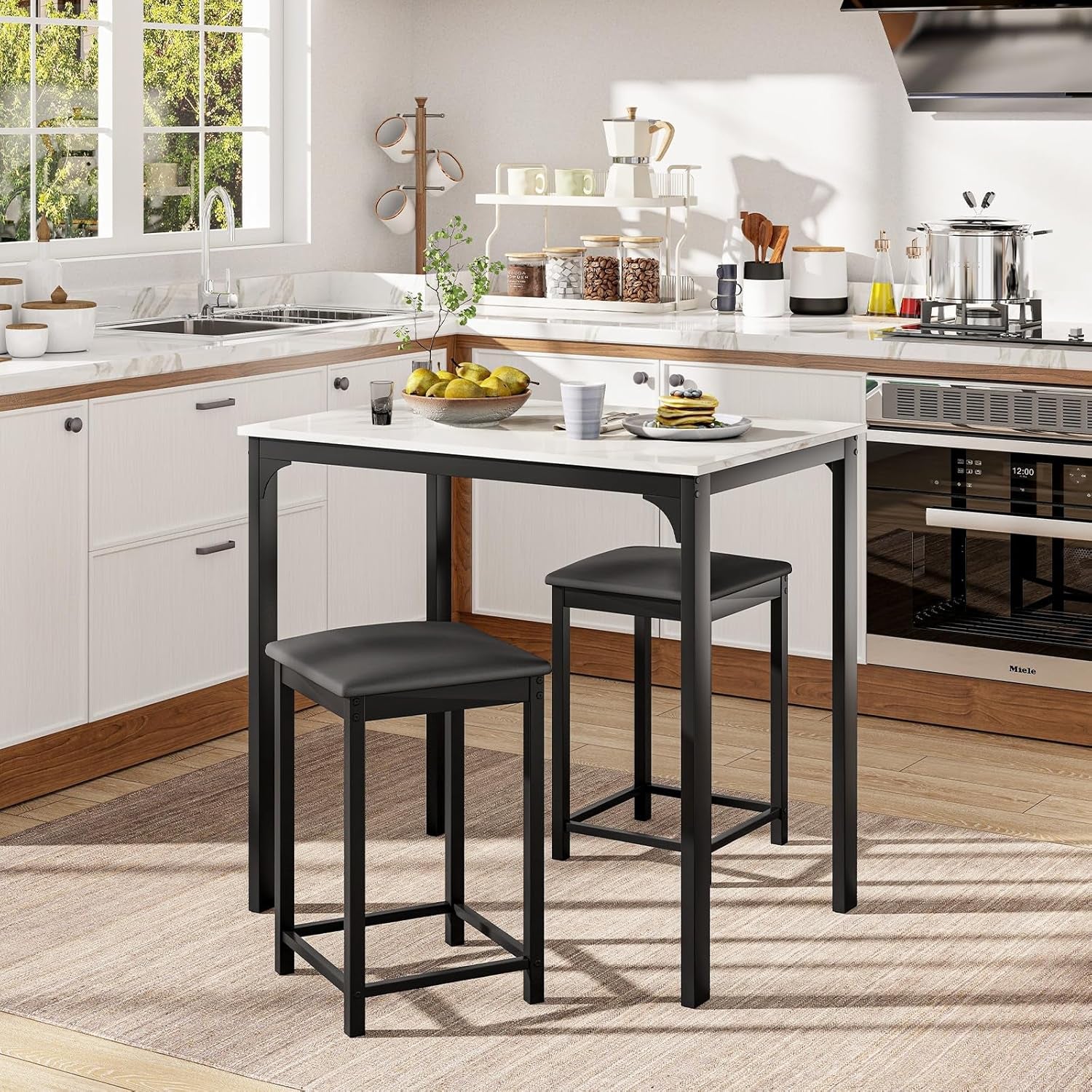 3-Piece Counter Height Dining Set for Two with Faux Marble Tabletop and Metal Frame, Ideal for Small Spaces and Apartments