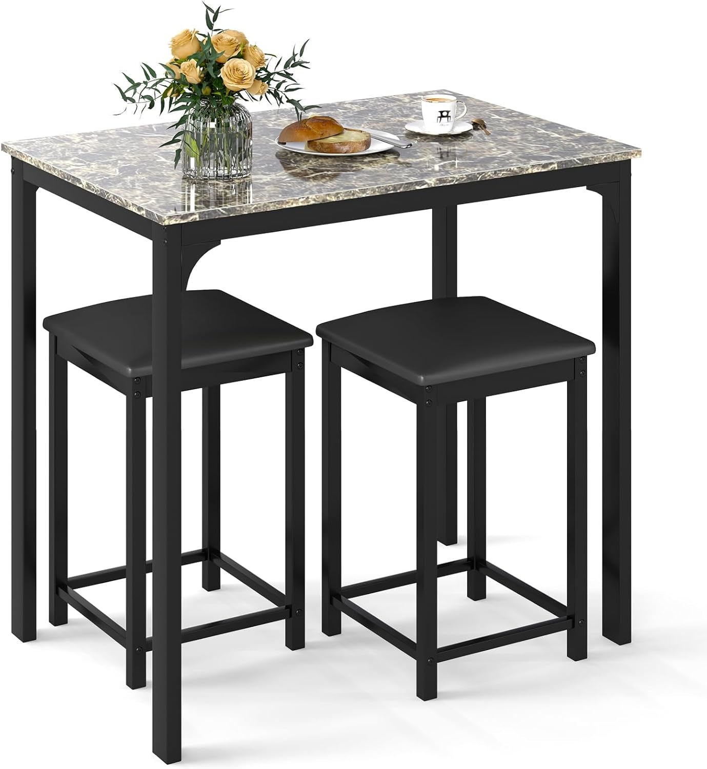 3-Piece Counter Height Dining Set for Two with Faux Marble Tabletop and Metal Frame, Ideal for Small Spaces and Apartments