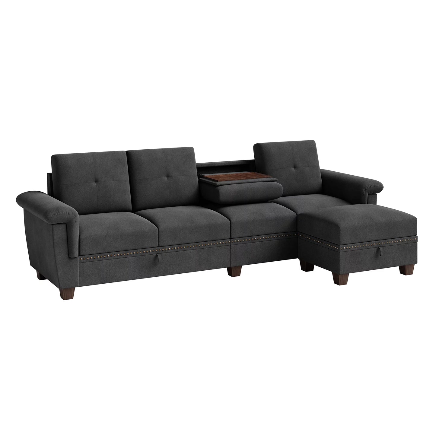 Convertible L-Shaped Sectional Sofa with Storage Chaise & Cup Holders –  4-Seater