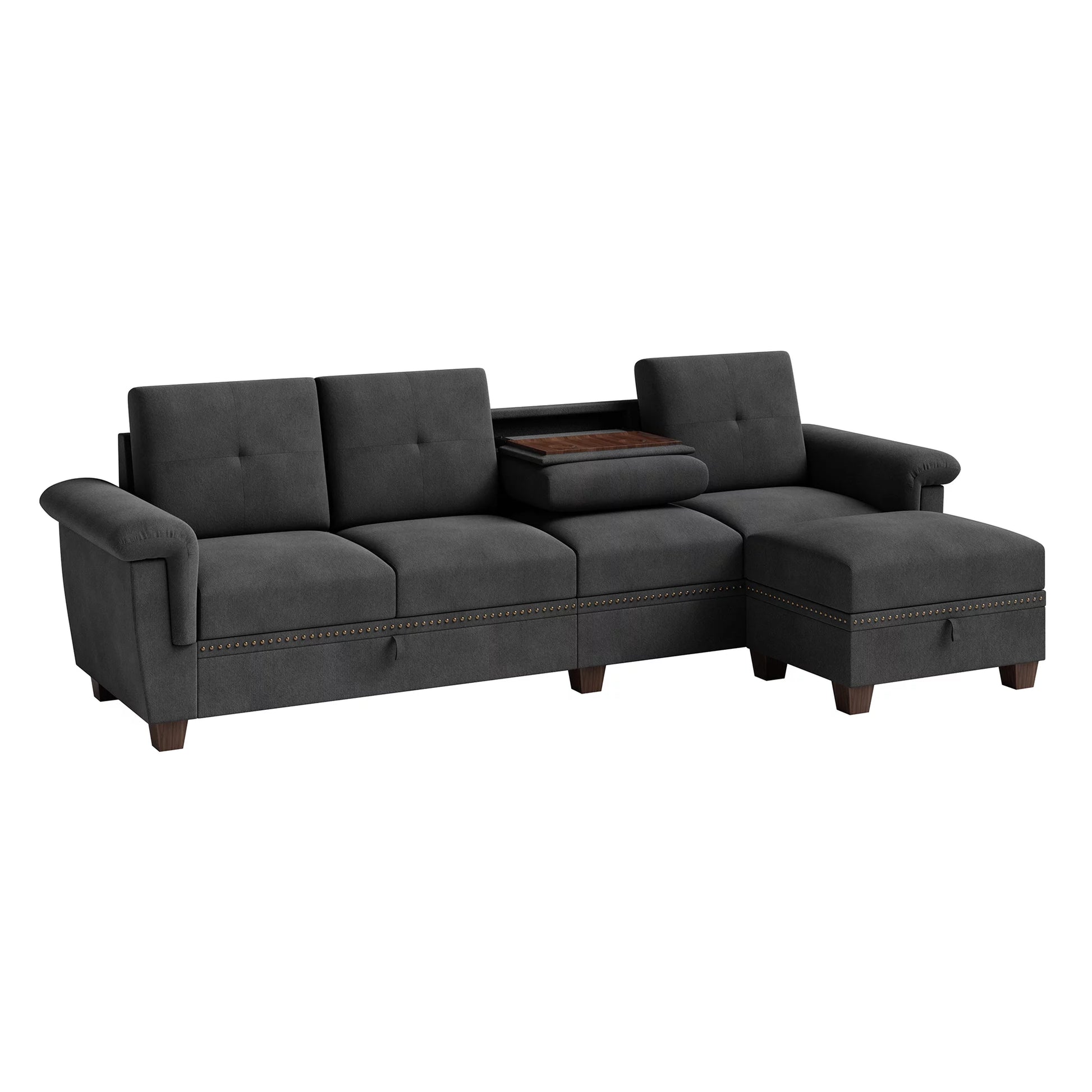 Convertible L-Shaped Sectional Sofa with Storage Chaise & Cup Holders –  4-Seater