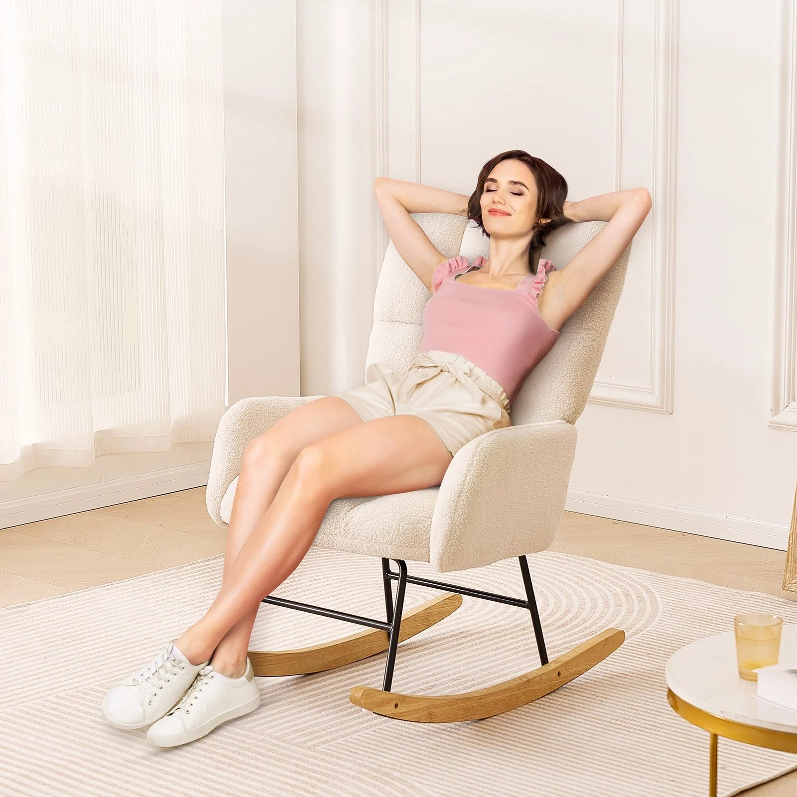 VEVOR Nursery Rocking Chair – Plush Upholstered Glider in Ivory White