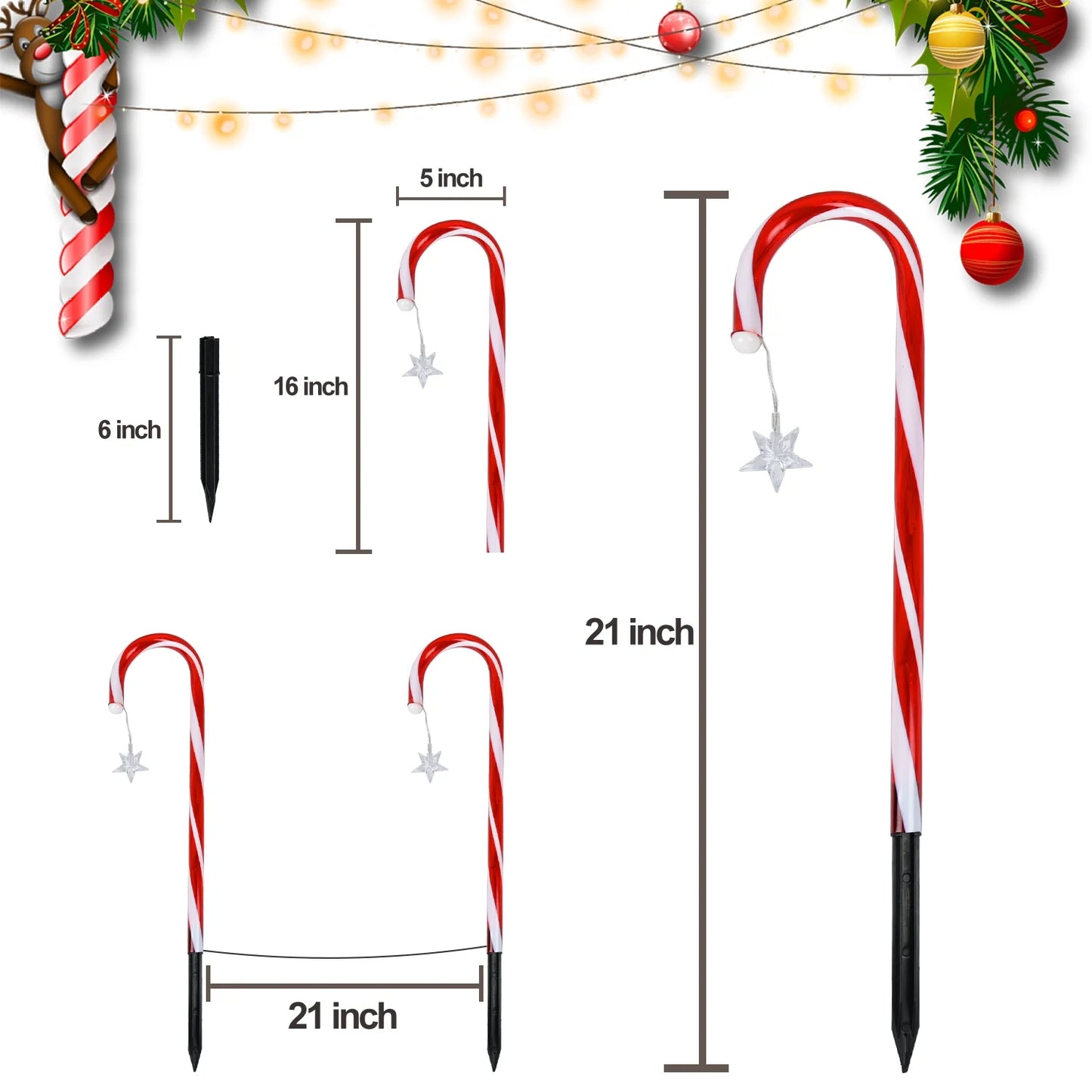 Solar-Powered Candy Cane Stake Lights - Set of 4 Outdoor Christmas Decorations for Pathway and Garden Holiday Decor