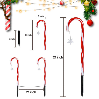 Solar-Powered Candy Cane Stake Lights - Set of 4 Outdoor Christmas Decorations for Pathway and Garden Holiday Decor