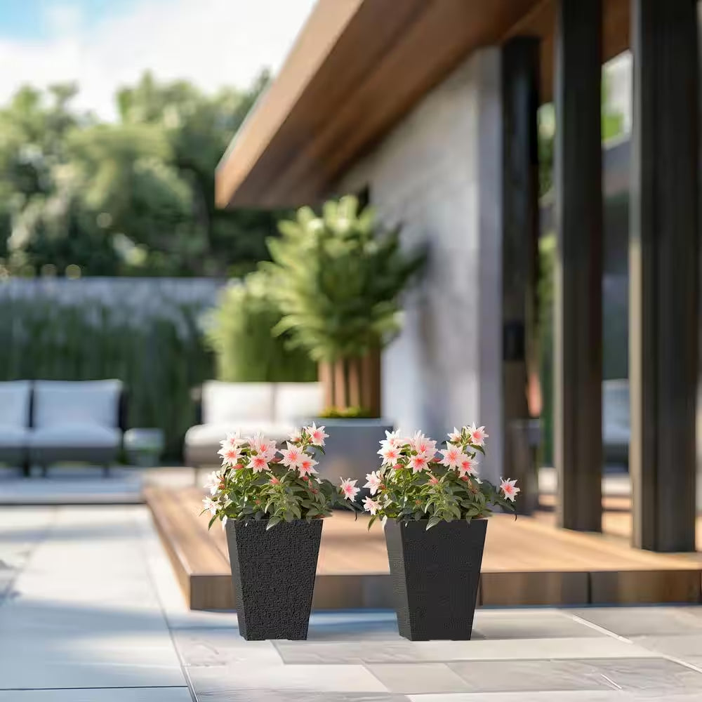 Set of 2 Tall 27.57-Inch Square Charcoal Black Plastic Planters for Indoor and Outdoor Use