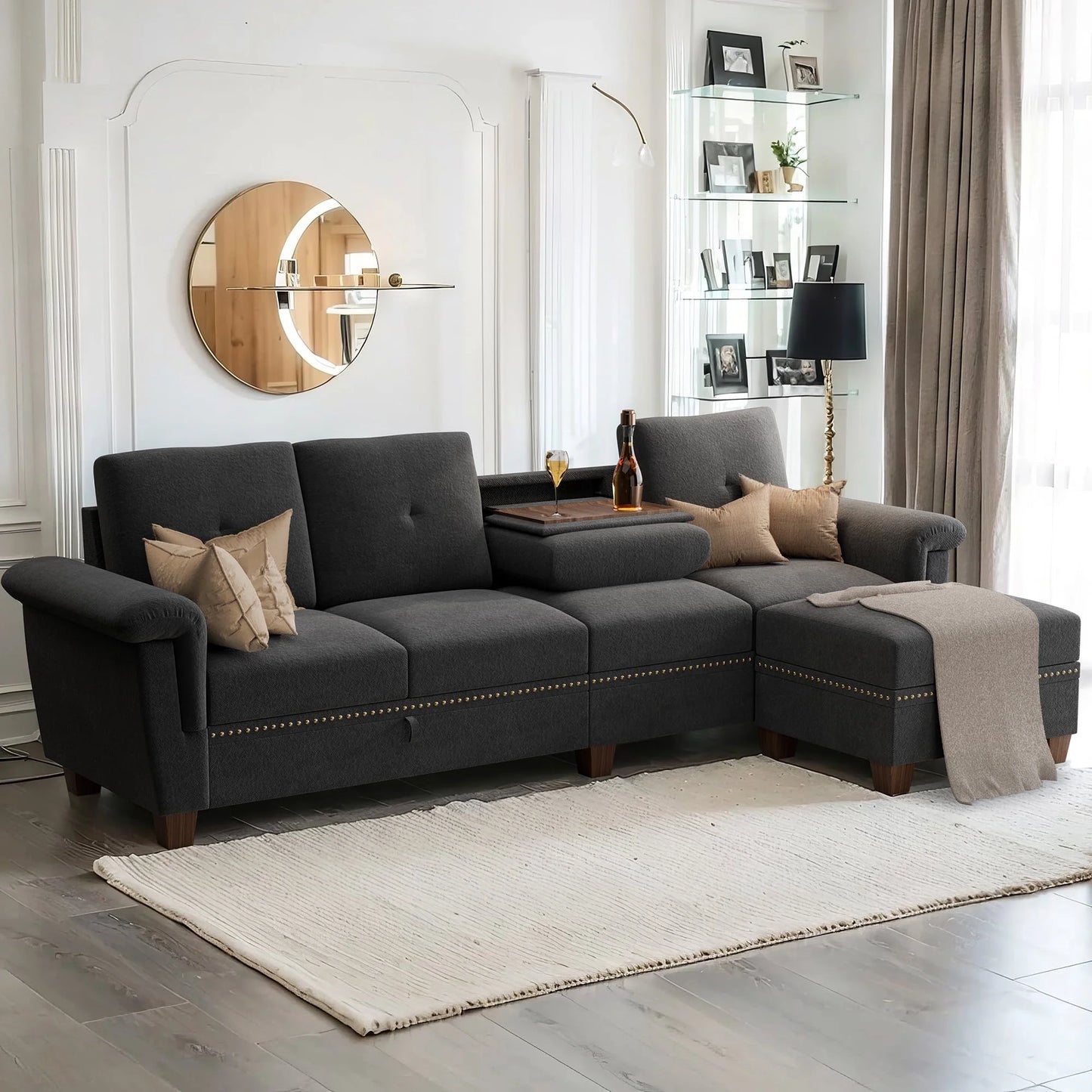 Convertible L-Shaped Sectional Sofa with Storage Chaise & Cup Holders –  4-Seater