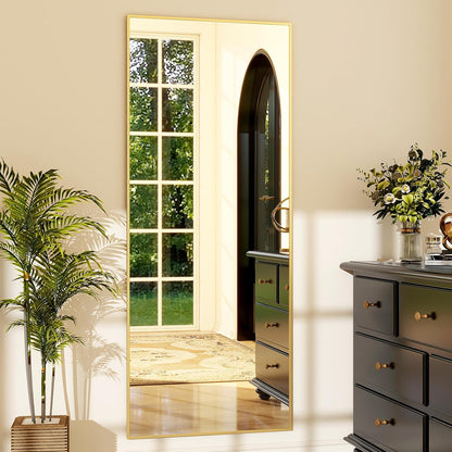 64"x21" Full-Length Freestanding or Leaning Rectangle Floor Mirror with Thin Aluminum Alloy Frame for Bedroom and Living Room, Gold Finish