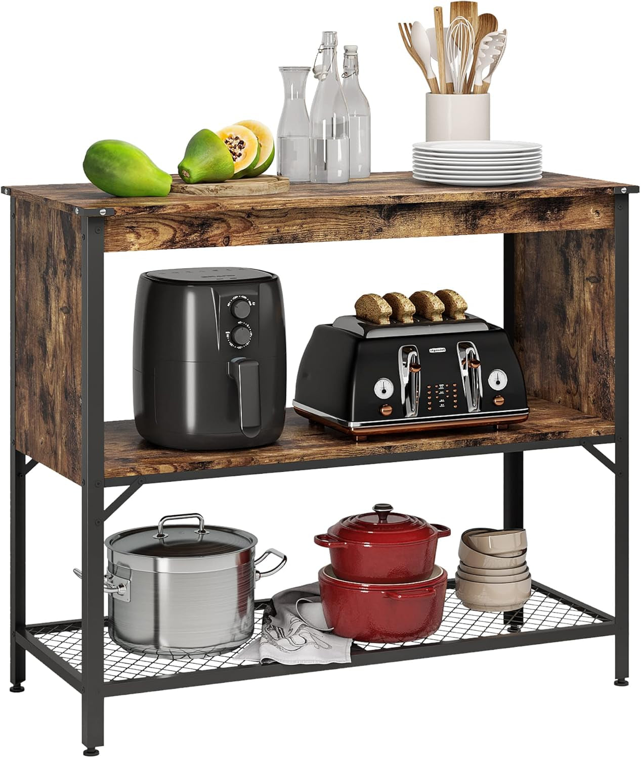 Industrial Kitchen Island with Storage and Open Shelves, Coffee Bar Buffet Cabinet Station