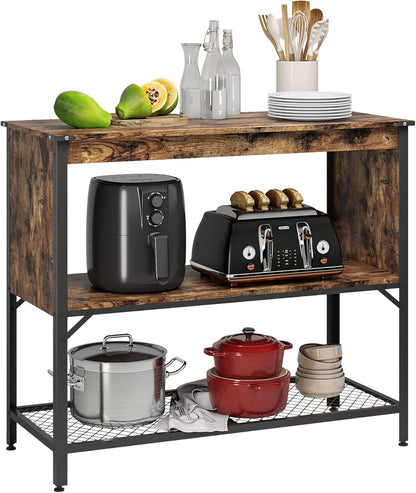 Industrial Kitchen Island with Storage and Open Shelves, Coffee Bar Buffet Cabinet Station