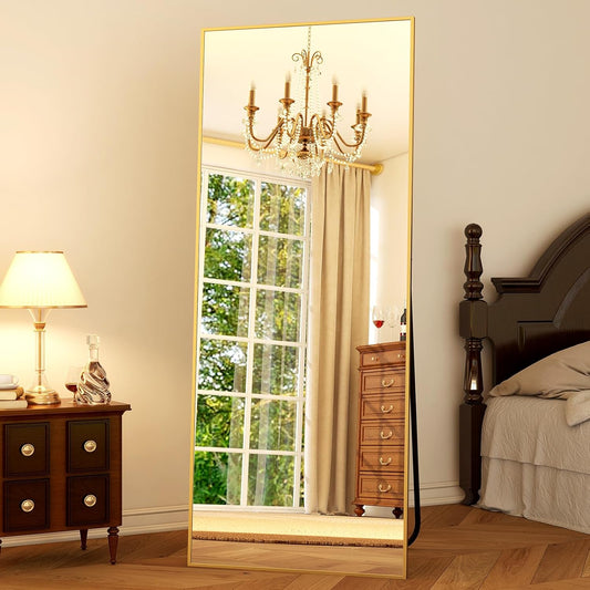 64"x21" Full-Length Freestanding or Leaning Rectangle Floor Mirror with Thin Aluminum Alloy Frame for Bedroom and Living Room, Gold Finish