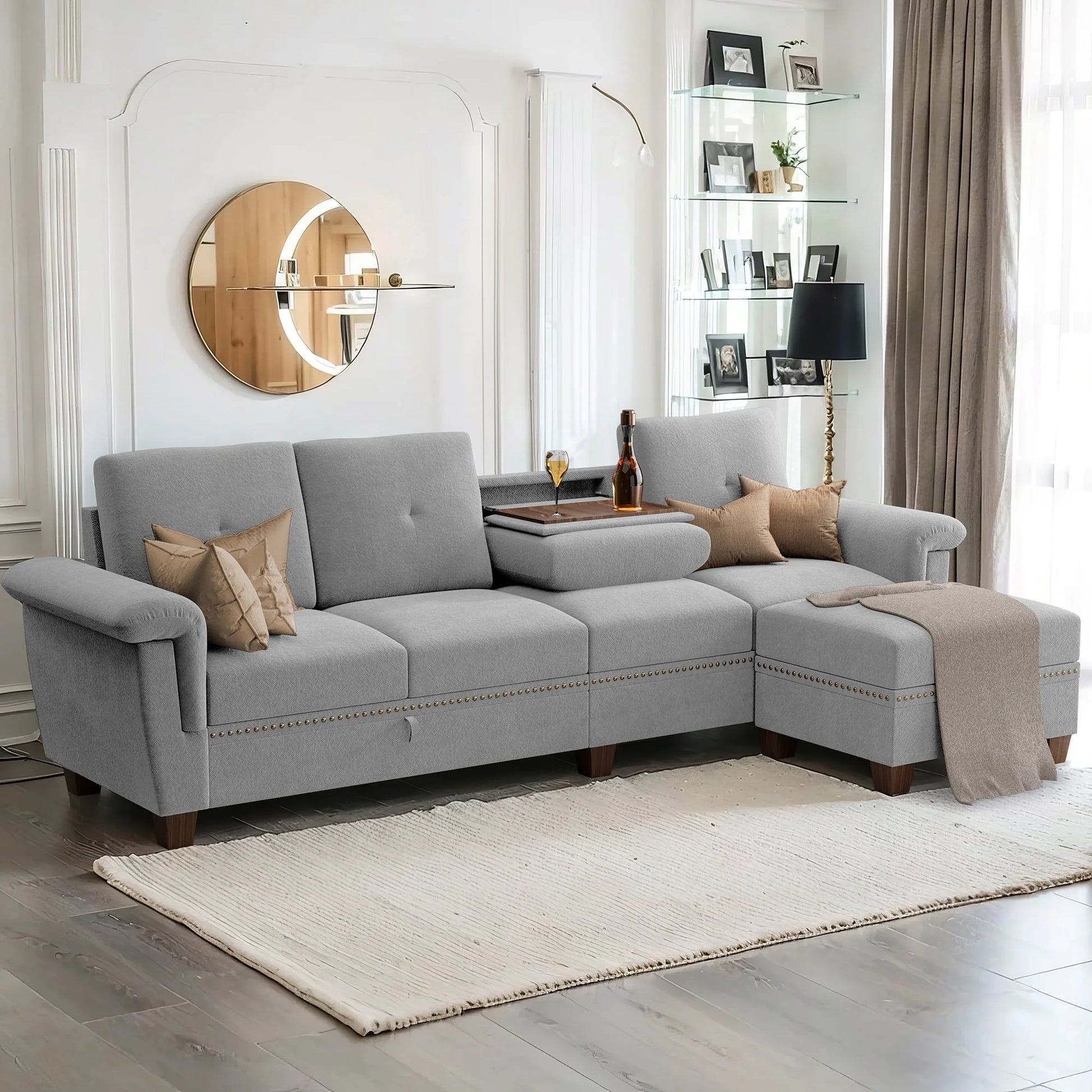 Convertible L-Shaped Sectional Sofa with Storage Chaise & Cup Holders –  4-Seater