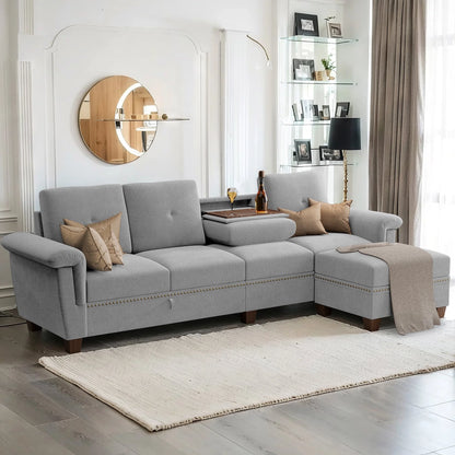 Convertible L-Shaped Sectional Sofa with Storage Chaise & Cup Holders –  4-Seater