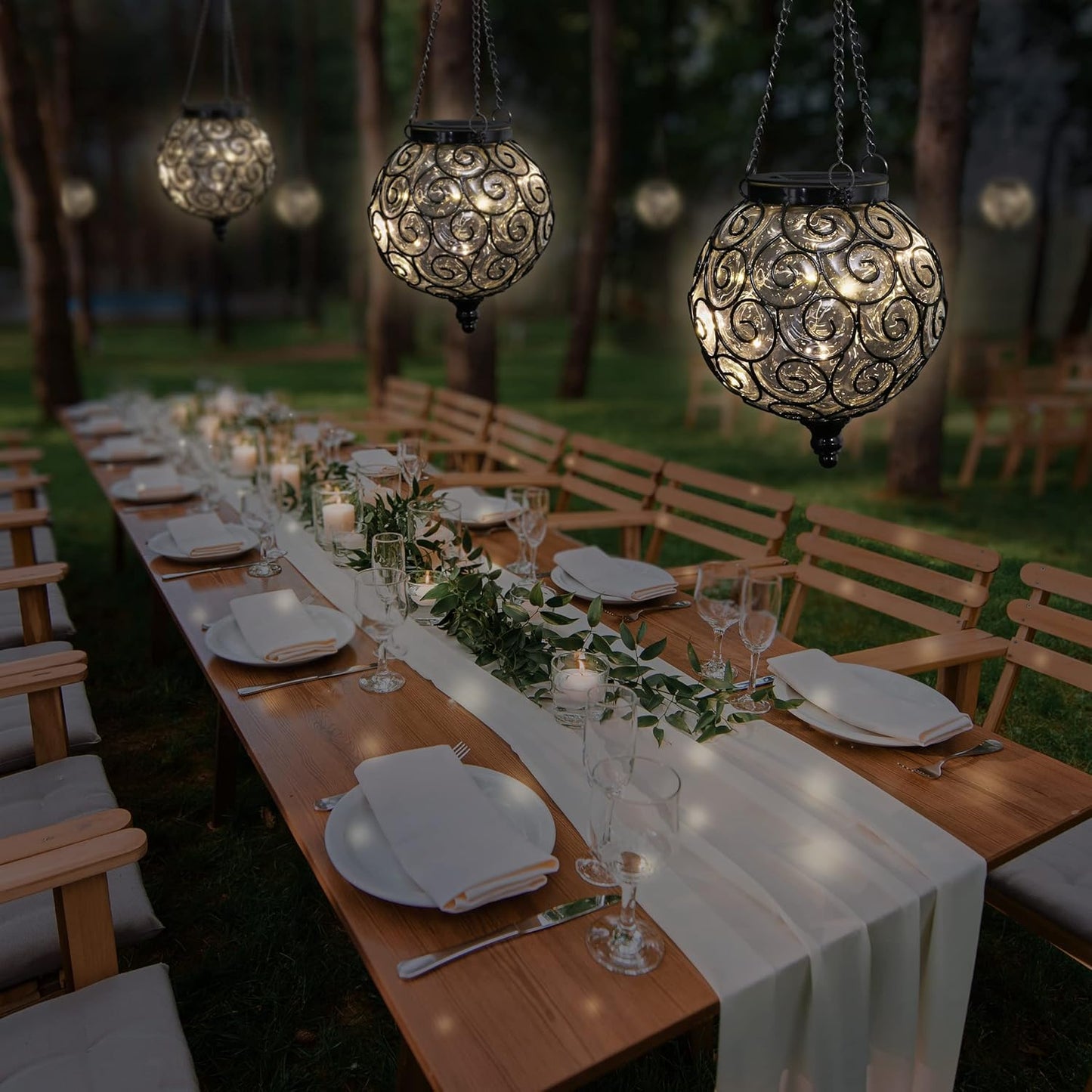 Outdoor Garden Solar Hanging Lantern with Round Glass and Metal Design, 15 Firefly LED Lights, 7 x 20 Inches, Clear Finish