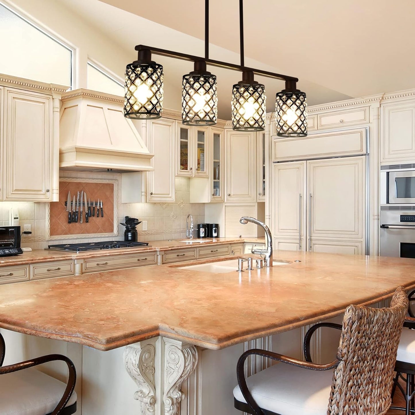 Elegant Black Linear Chandelier with K9 Crystal and Grid Shade - 4-Light Pendant Fixture for Dining Room and Kitchen Island