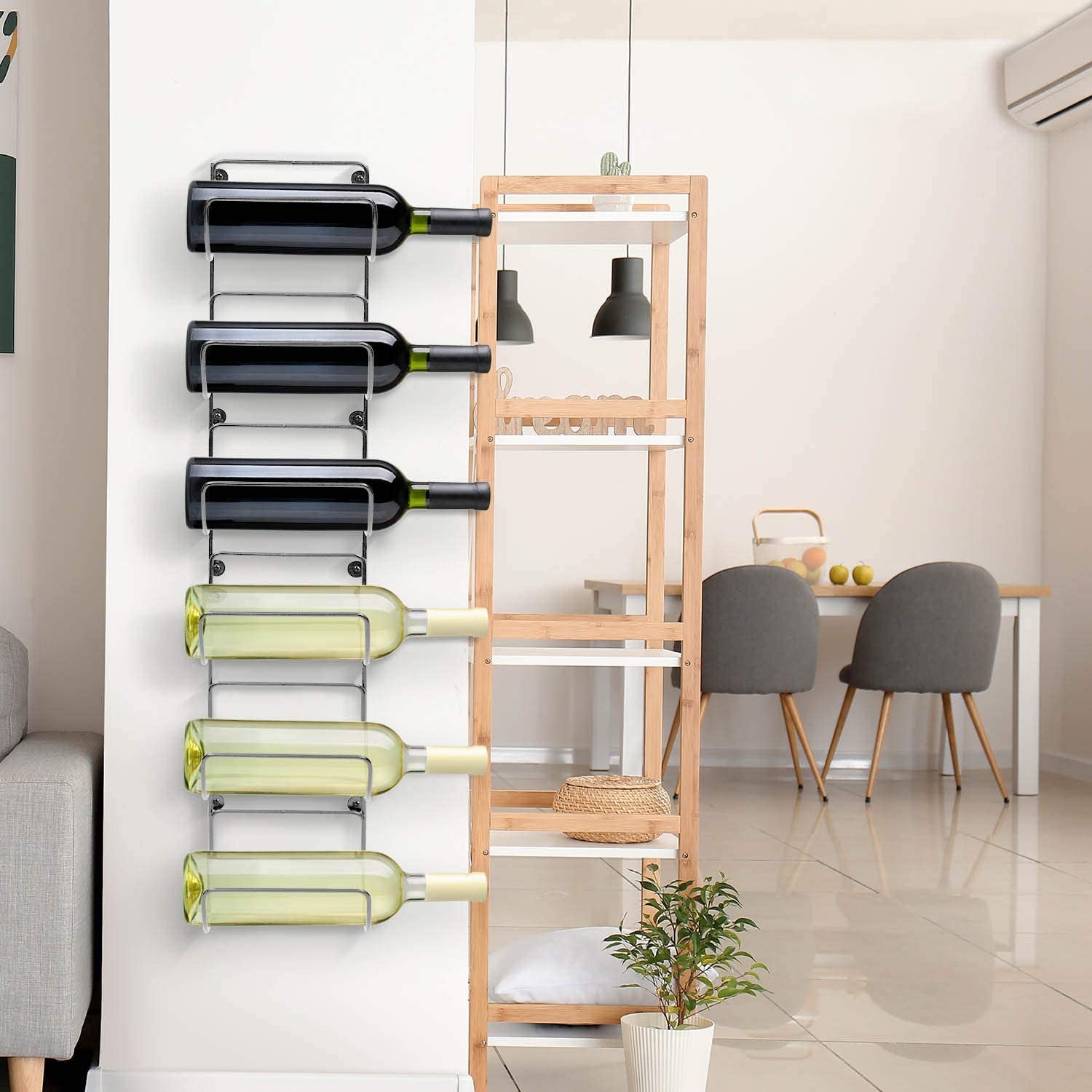 6-Compartment Wall-Mount Towel & Wine Rack – Silver Metal Organizer for Bathroom, Kitchen & More