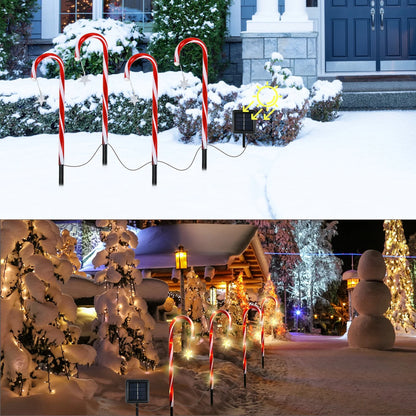 Solar-Powered Candy Cane Stake Lights - Set of 4 Outdoor Christmas Decorations for Pathway and Garden Holiday Decor
