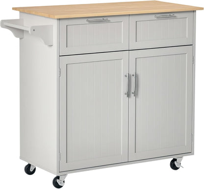  Rolling Kitchen Island Cart with Storage and Rubberwood Top