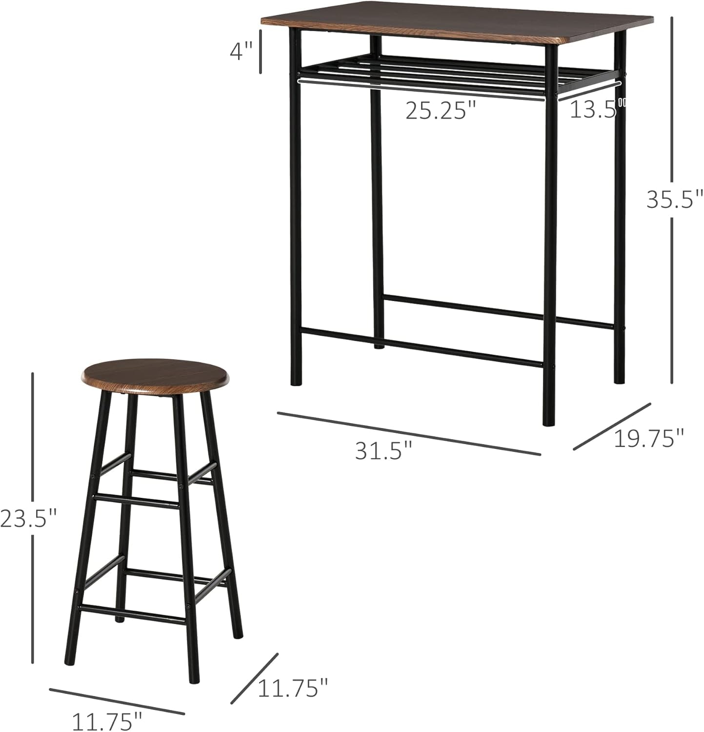 3-Piece Counter Height Bar Table Set with Two Stools and Storage Shelf, Metal Frame Footrest, Black and Brown
