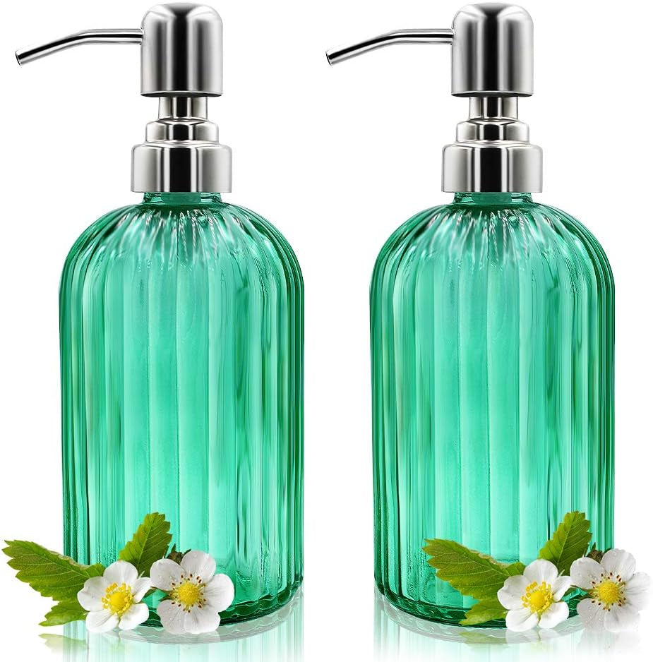 Glass Soap Dispenser Set – 2 Refillable 14 oz Bottles with Stainless Pumps
