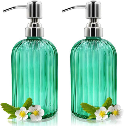 Glass Soap Dispenser Set – 2 Refillable 14 oz Bottles with Stainless Pumps