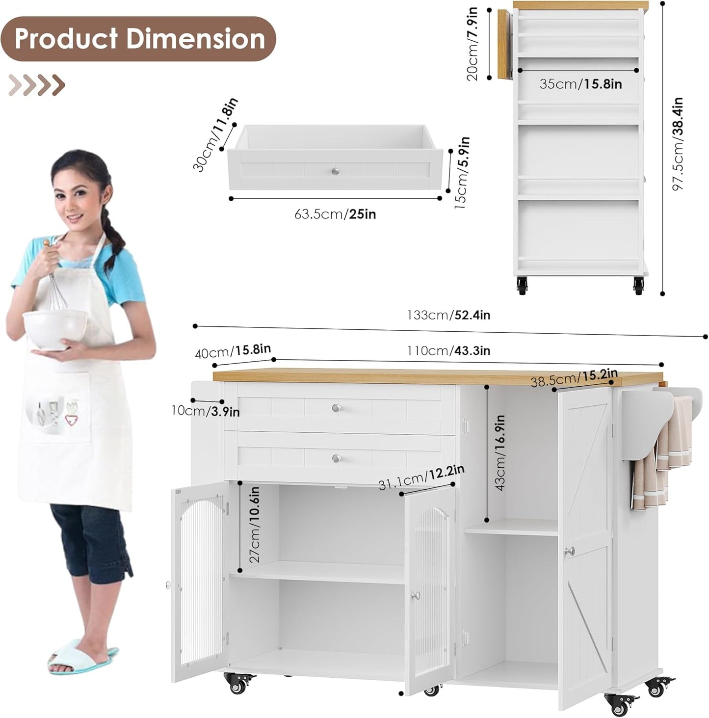 Elevate Your Kitchen Experience with the Stylish and Functional Rolling Kitchen Island - Complete with Storage, Wood Drop Leaf Countertop, and Convenient Wheels