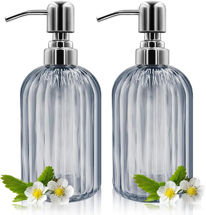 Glass Soap Dispenser Set – 2 Refillable 14 oz Bottles with Stainless Pumps