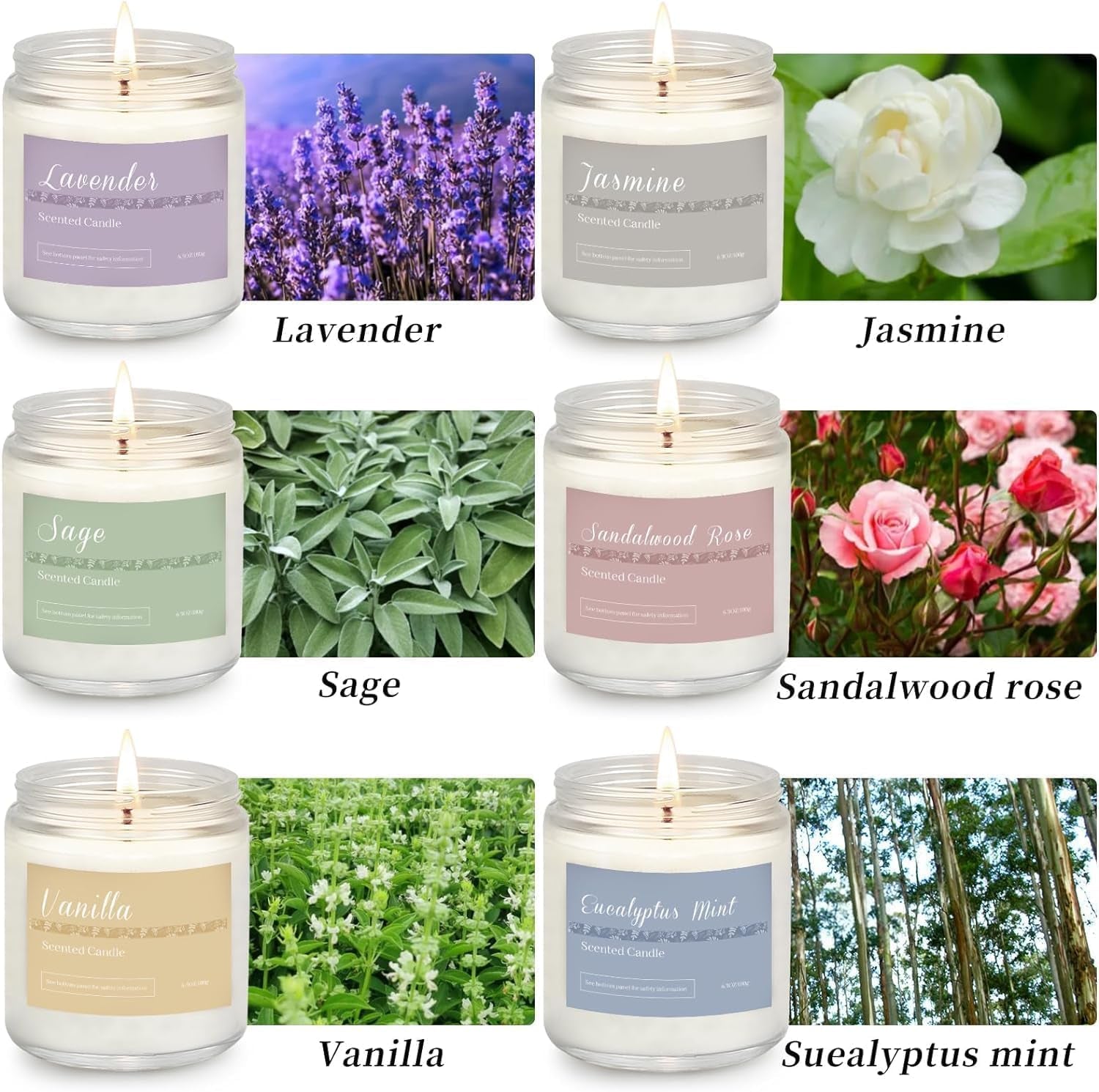 Aromatherapy Scented Candle Gift Set - 6-Pack with 300-Hour Burn Time, Featuring Lavender, Jasmine, Vanilla, Sage, Sandalwood, Rose, and Eucalyptus Mint - Perfect for Gifting to Women