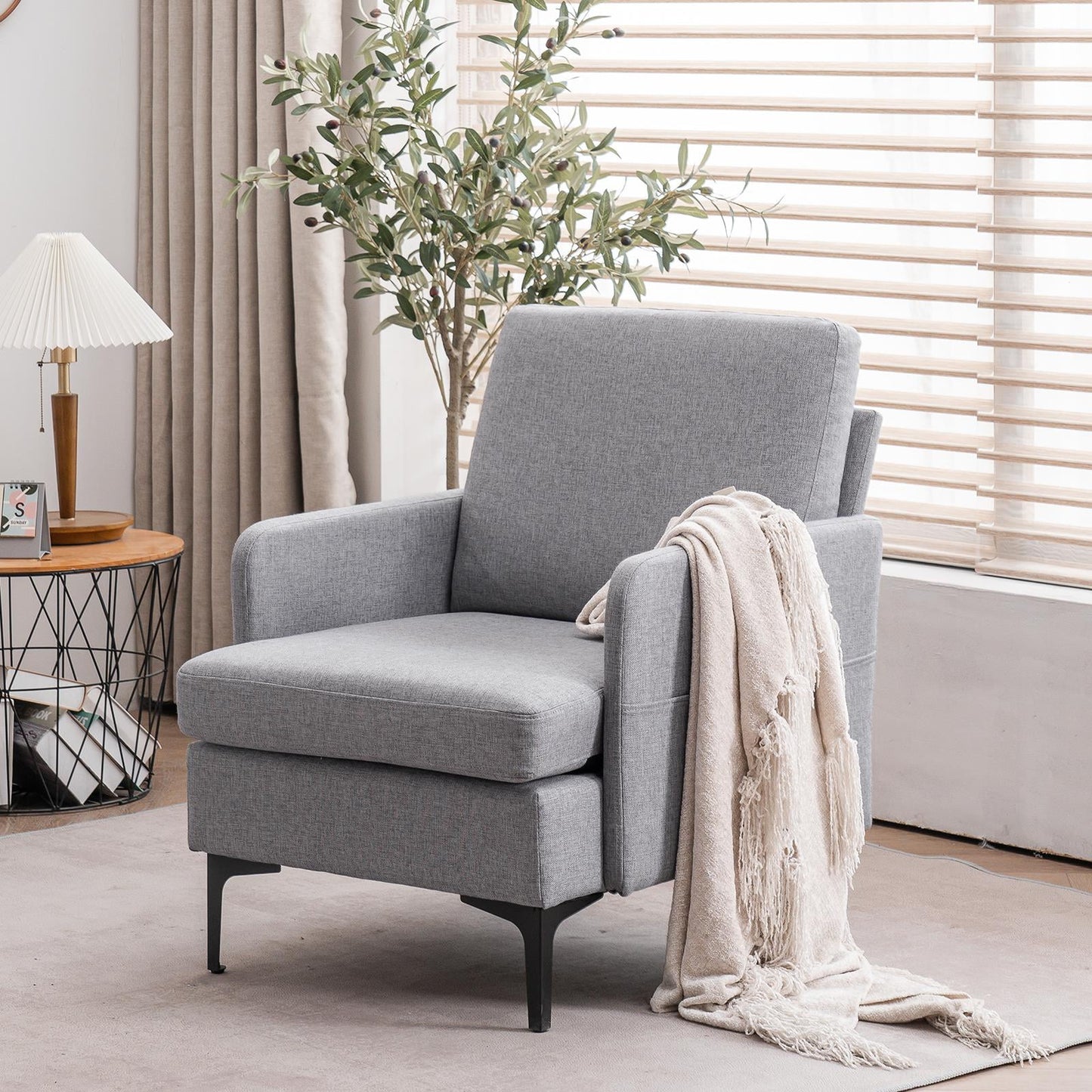 Cozy Linen Armchair with Handy Side Bag