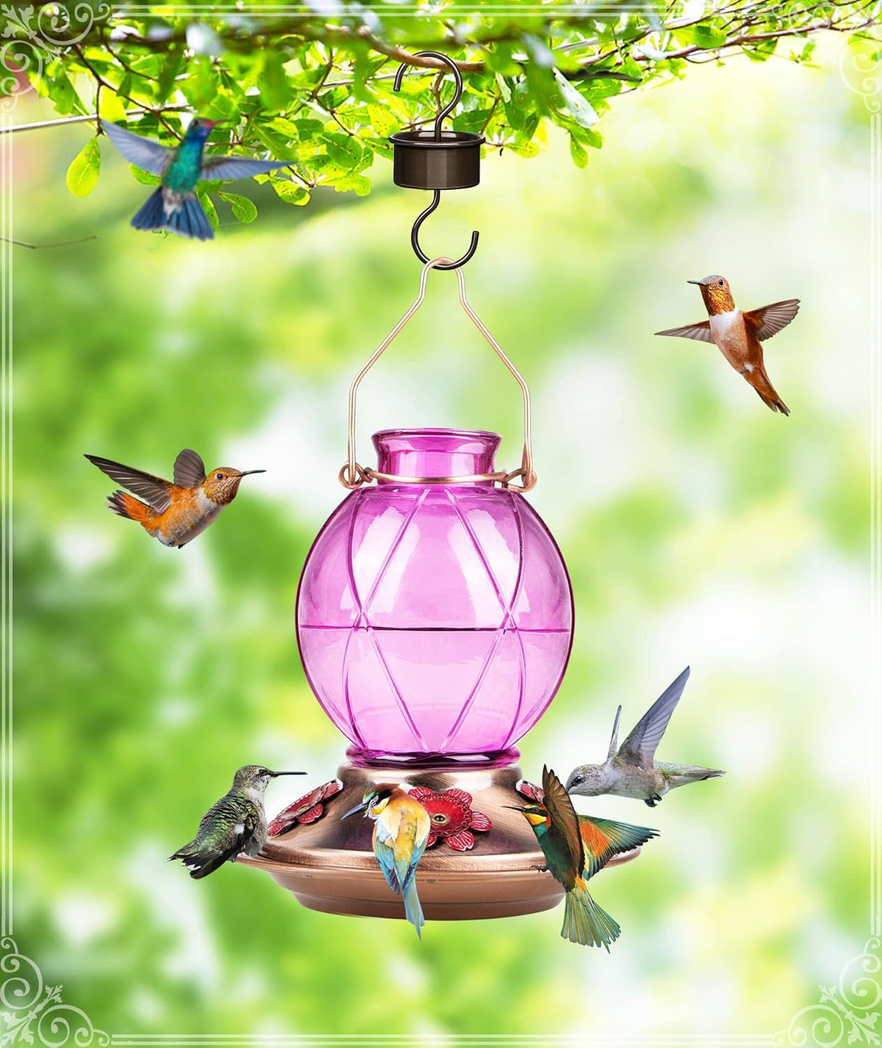 Glass Hummingbird Feeder - 20 Ounce Outdoor Feeder with Netted Texture Ball Shape Bottle in Lavender - Ideal Gift for Any Occasion