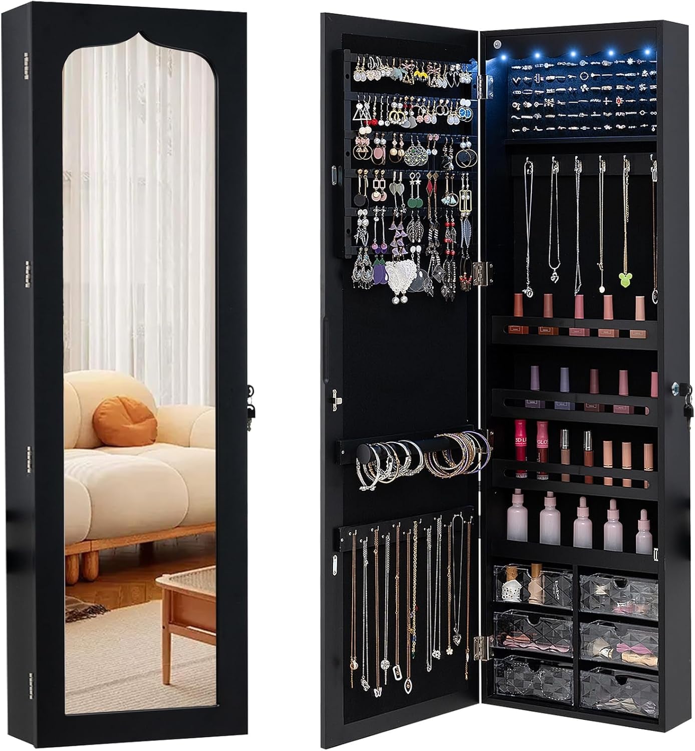 Full-Length Mirror Jewelry Organizer with Drawers & Lights
