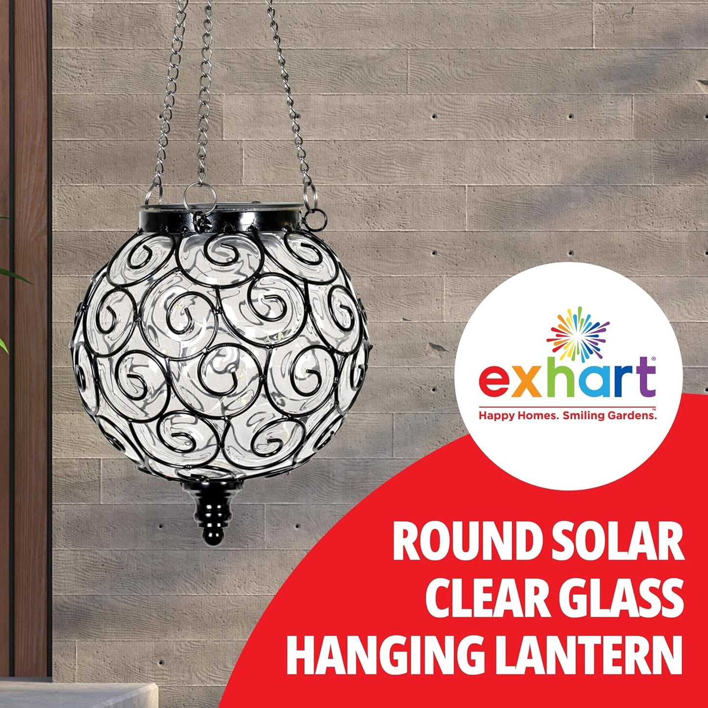 Outdoor Garden Solar Hanging Lantern with Round Glass and Metal Design, 15 Firefly LED Lights, 7 x 20 Inches, Clear Finish