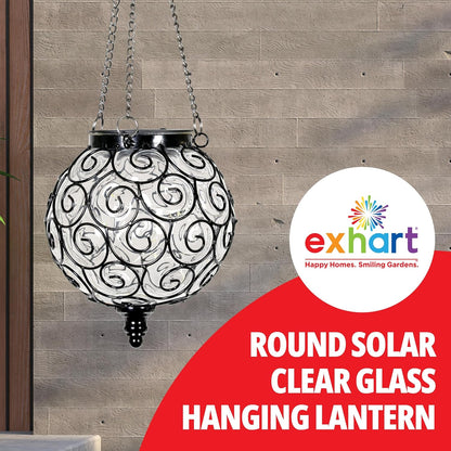 Outdoor Garden Solar Hanging Lantern with Round Glass and Metal Design, 15 Firefly LED Lights, 7 x 20 Inches, Clear Finish